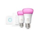 Philips Hue 8719514291379 Lampen und Hue Bridge Starter Kit 2x11W| E27 | 806-1100lm | 2000-6500K | RGB - White and Color Ambiance, Bluetooth, Zigbee, Fernbedienung, weiß