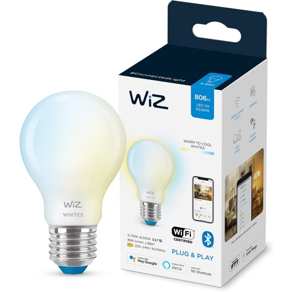 WiZ 8719514552081 Intelligente LED-Glühbirne 1x6 W | E27 | 806lm | 2700-6500K - dimmbar, Tunable White, Mattweiß