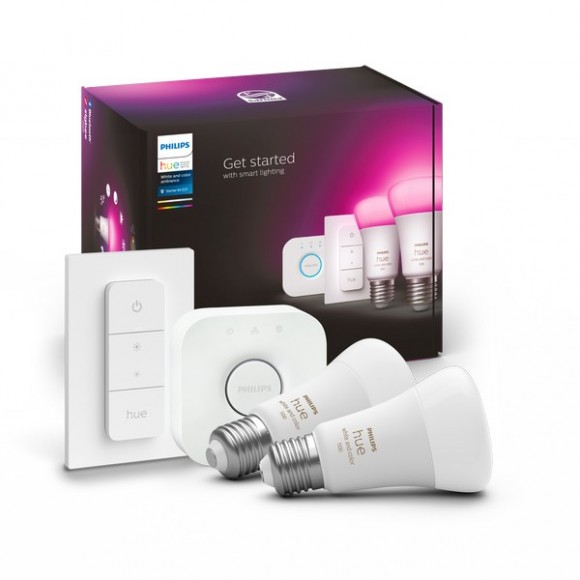 Philips Hue 8719514291379 Lampen und Hue Bridge Starter Kit 2x11W| E27 | 806-1100lm | 2000-6500K | RGB - White and Color Ambiance, Bluetooth, Zigbee, Fernbedienung, weiß